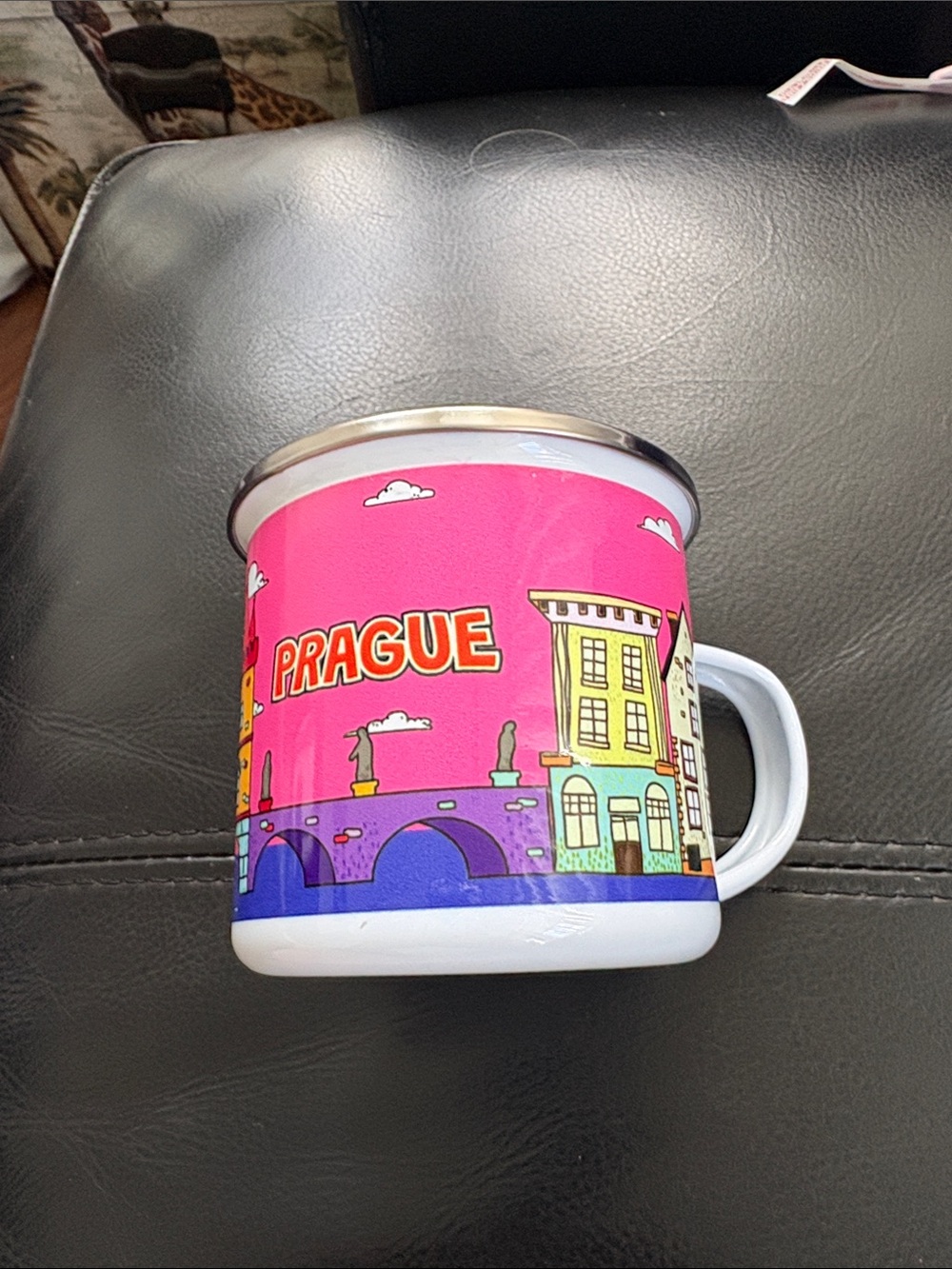 Prague Pink Enamel Travel Mug - Coffee Cup - Picture 2 of 6